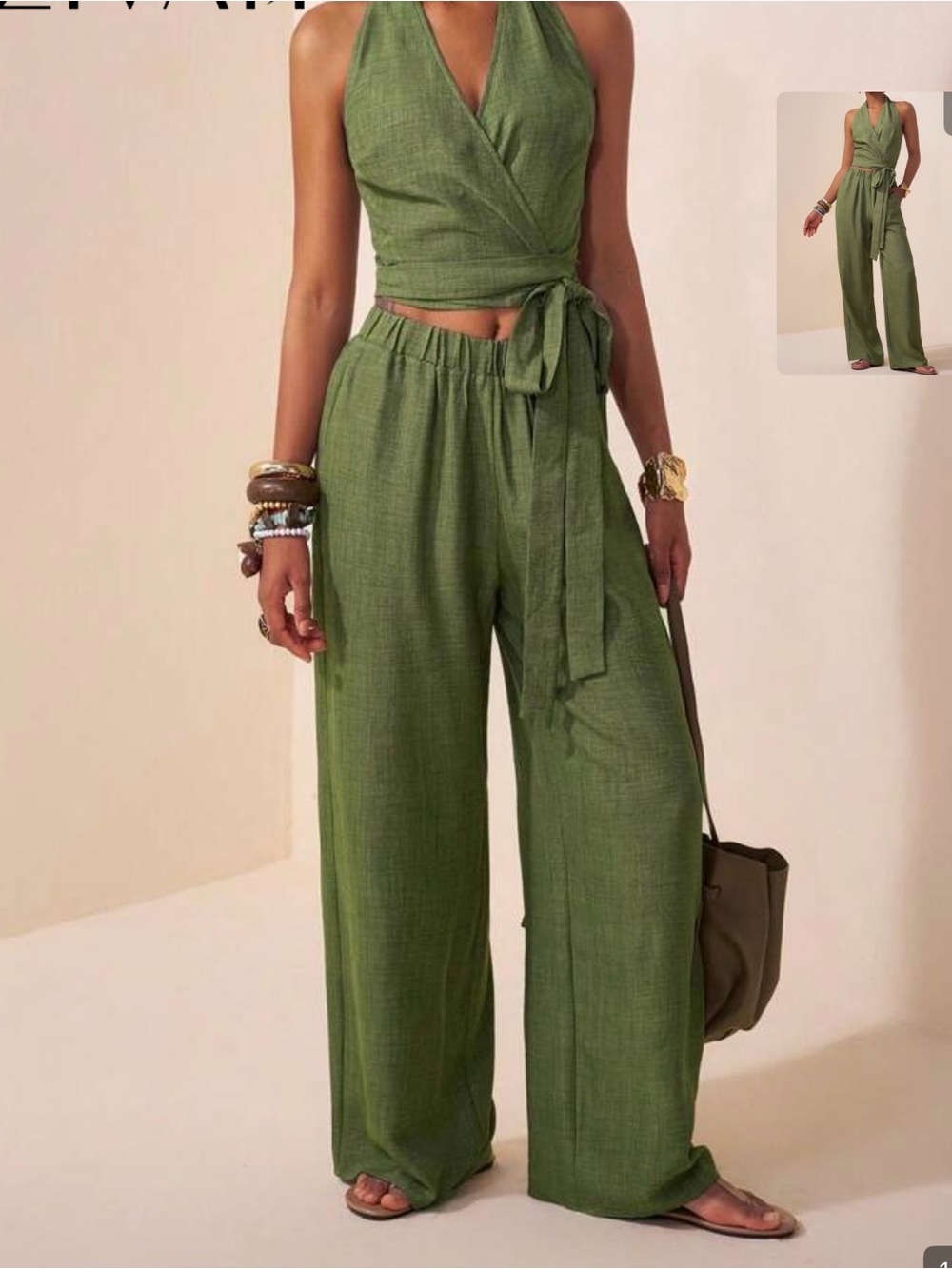 SHEIN Olive Green Wide-Leg Wrap Jumpsuit with Tie Waist